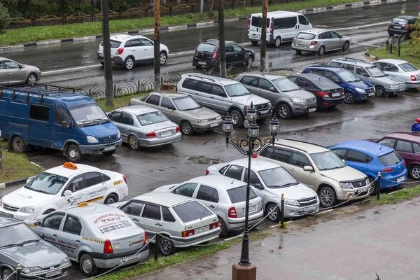 Pushkino, Russia, on September 14, 2014. View of a street parking in the inhabited massif