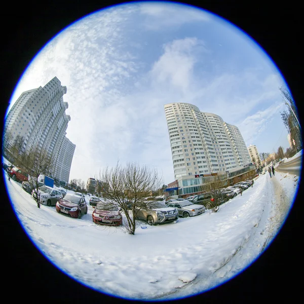 Pushkino, Russia, on January 26, 2015. Winter city landscape of by fisheye view
