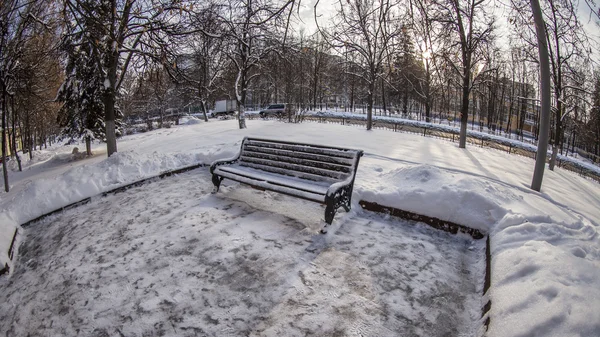 Pushkino, Russia, on January 26, 2015. Winter city landscape of by fisheye view. Boulevard and bench under snow