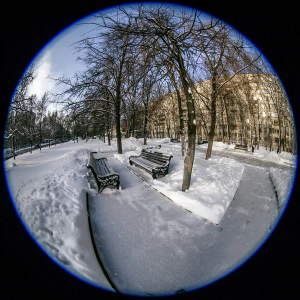 Pushkino, Russia, on January 26, 2015. Winter city landscape of by fisheye view. Boulevard and bench under snow