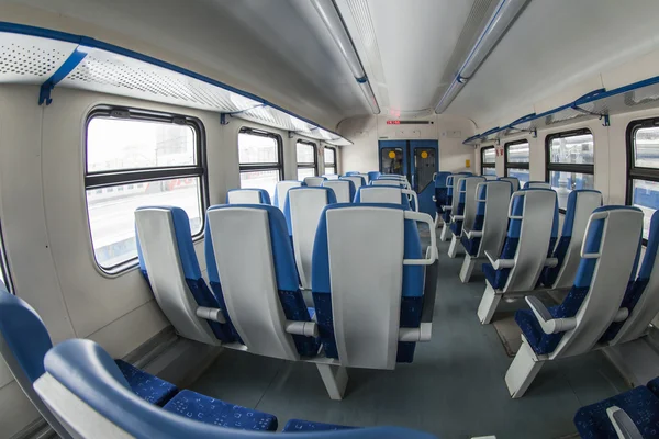 Moscow, Russia, on January 27, 2015. Interior of the car of a regional electric train by fisheye view