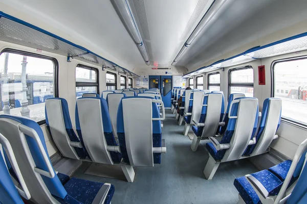 Moscow, Russia, on January 27, 2015. Interior of the car of a regional electric train by fisheye view