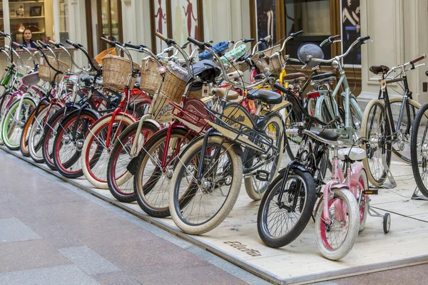 Moscow, Russia, on February 15, 2015. Various bicycles are exposed in a trading floor of GUM shop