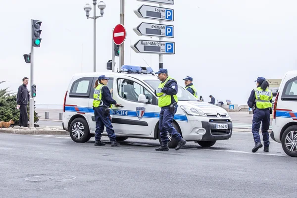 Nice, France, on March 13, 2015. Police patrol on the embankment