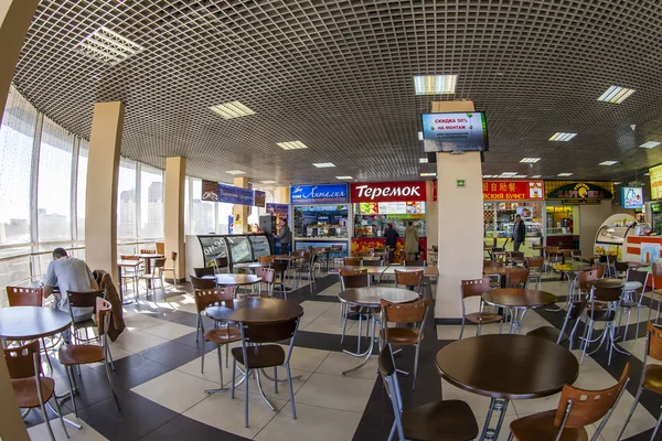 Pushkino, Russia, on March 17, 2015. The food court in shopping center, fisheye view.