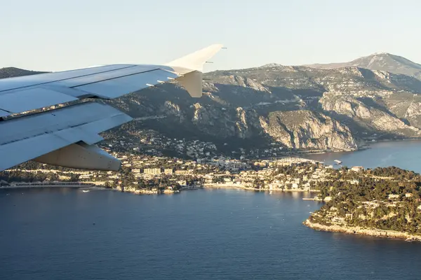 Nice, France, on March 7, 2015. The top view from a window of the flying plane on the coastline of the French Riviera