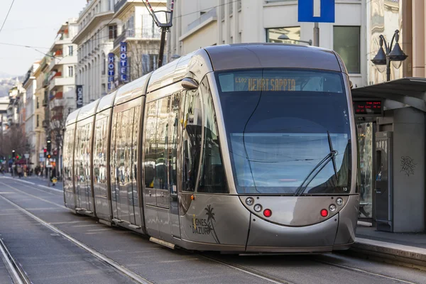 Nice, France, on March 7, 2015. The high-speed tram goes on Jean Medsen Avenue