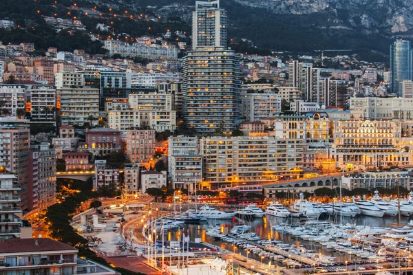 Monaco, France, on March 8, 2015. The top view on the port and the residential area at night