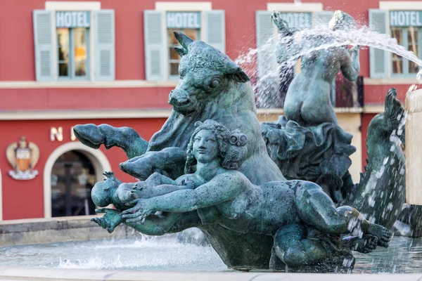 Nice, France, on March 9, 2015. A fragment of the sculpture decorating the fountain on Victor Massen Square