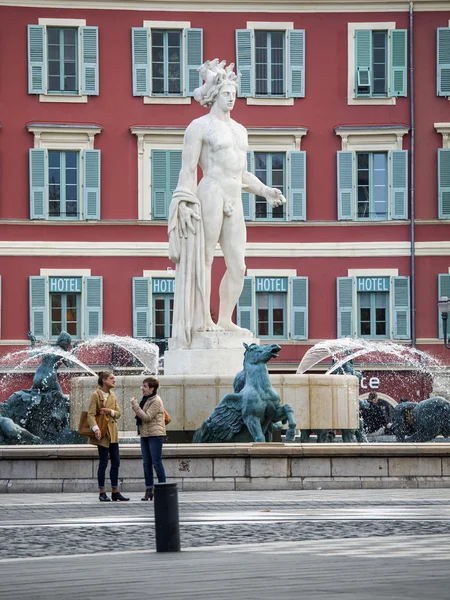 Nice, France, on March 9, 2015. A fragment of the sculpture decorating the fountain on Victor Massena Square