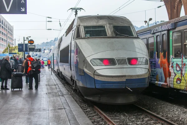 Nice, France, on March 10, 2015. The train costs at the platform of the city station