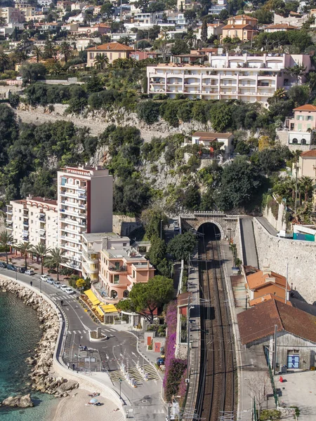 Vilfransh, France, on March 10, 2015. The top view on the suburb of Nice, the station and the railroad going along the seashore