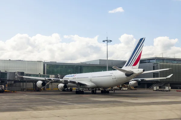 PARIS, FRANCE - on MAY 5, 2015. International airport Charles de Gaulle. A view from the window of the flying-up plane on land services