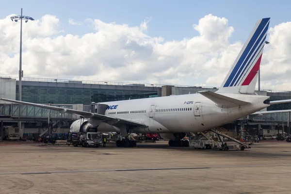 PARIS, FRANCE - on MAY 5, 2015. International airport Charles de Gaulle. A view from the window of the flying-up plane on land services