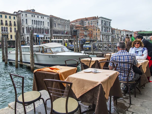 VENICE, ITALY - on MAY 3, 2015. Summer cafe on the bank of the Grand channel (Canal Grande)