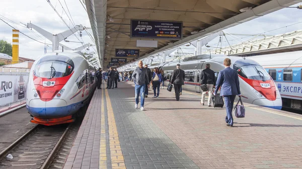 MOSCOW, RUSSIA, on AUGUST 19, 2015. Leningrad station. The modern high-speed train Sapsan near a platform expects departure to St. Petersburg