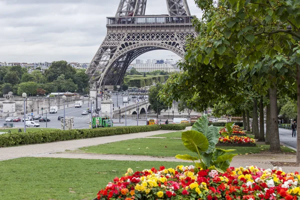 PARIS, FRANCE, on SEPTEMBER 1, 2015. A view of the Eiffel Tower and Iena Bridge (focus on a tower). The Eiffel Tower is one of the most visited and recognizable sights of the world