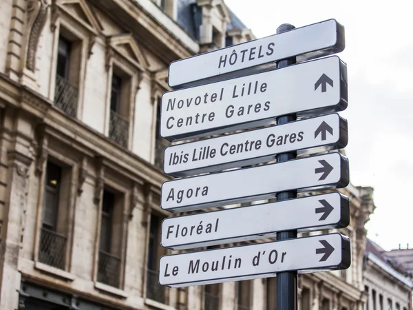 LILLE, FRANCE, on AUGUST 28, 2015. Elements of city navigation. A direction sign to sights