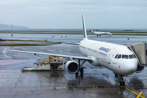 NICE, FRANCE - on JANUARY 14, 2016. Preflight service of the plane of AirFrance airline at the airport of French riviera