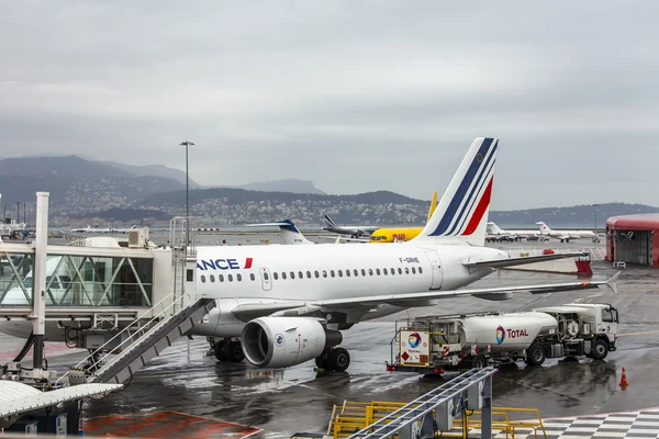 NICE, FRANCE - on JANUARY 14, 2016. Preflight service of the plane of AirFrance airline at the airport of French riviera