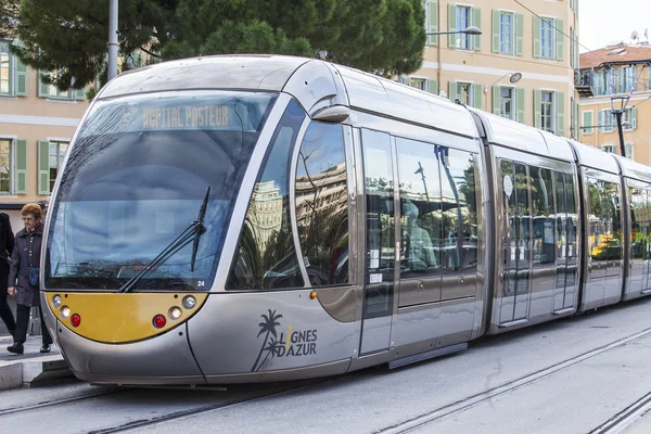 NICE, FRANCE, on JANUARY 7, 2016. The high-speed tram moves on the city street
