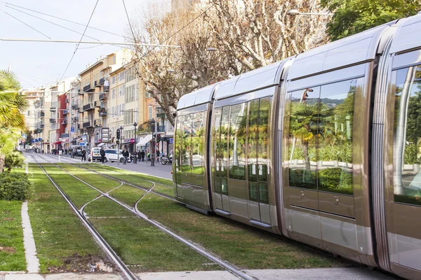 NICE, FRANCE, on JANUARY 7, 2016. The high-speed tram moves on the city street