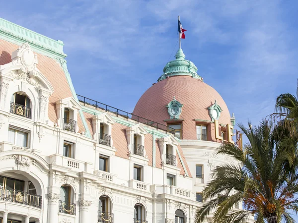 NICE, FRANCE - on JANUARY 8, 2016. Promenade des Anglais, Le Negresco\'s hotel, historical sight, one of symbols of Nice. Architectural details.