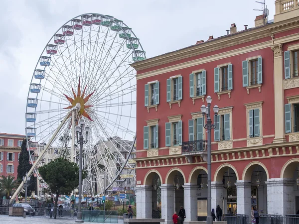 NICE, FRANCE - on JANUARY 11, 2016. City landscape in rainy weather. Architectural complex of Massen Square