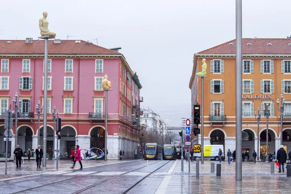 NICE, FRANCE - on JANUARY 11, 2016. City landscape in rainy weather. Architectural complex of Massen Square