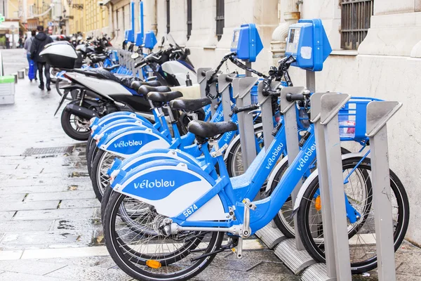 NICE, FRANCE - on JANUARY 11, 2016. Point of a bicycle rental of Veloblue on the city street