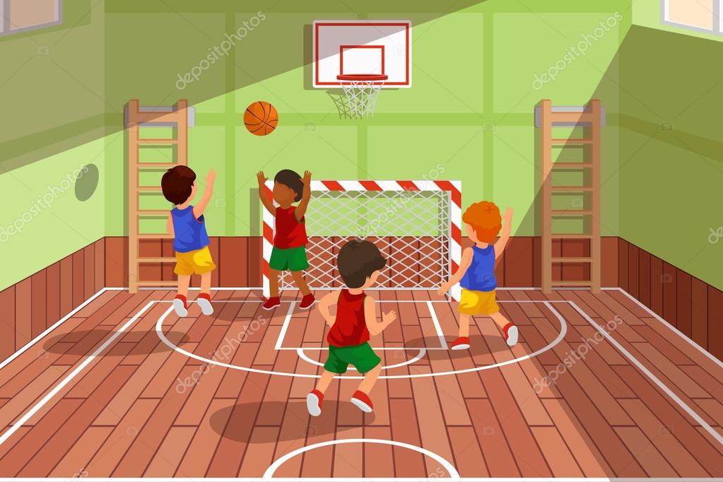 Juego En La Selección De Baloncesto De La Escuela Los Niños Están Jugando Ilustración