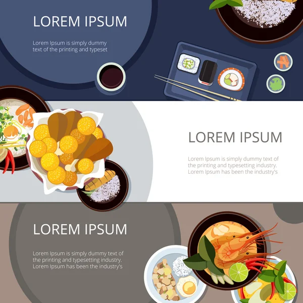 Asia food banners vector set. Thai food, japanese and chinese meal