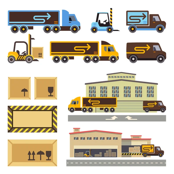 Warehouse building and transportation vehicles flat vector icons set