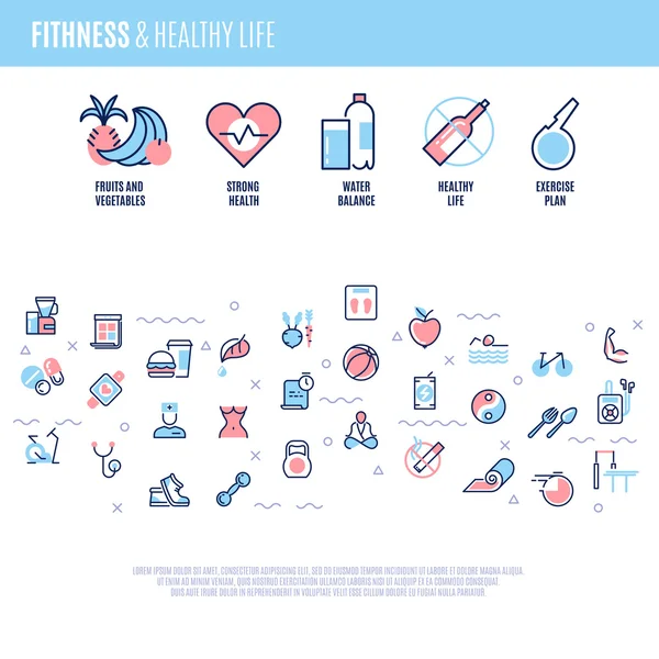 Fitness, equipment, sports training items, weight diet, healthy life vector concept in line style