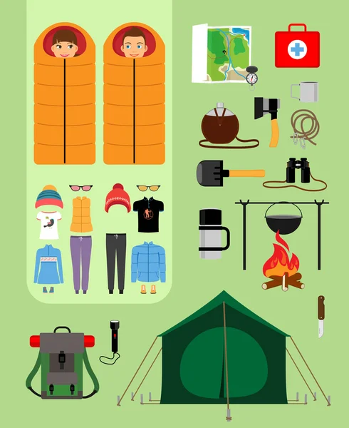 Camping concept. Boy and girl in sleeping bags next to tent with campfire.