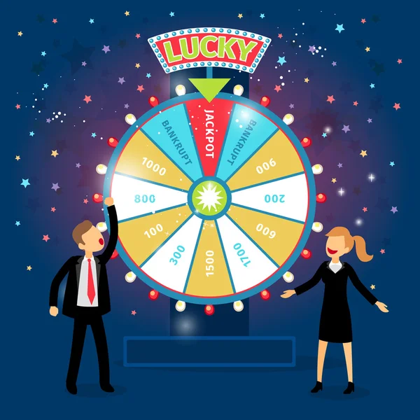 Business people with financial wheel of fortune. Gambling concept