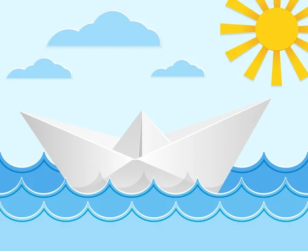 Origami paper ship on ocean waves. Vector illustration