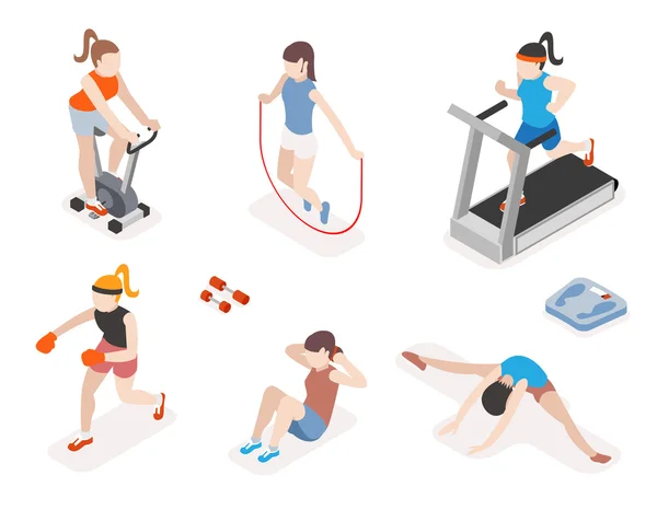 Fitness women in gym, gymnastics workout and yoga exercises. 3d isometric icons