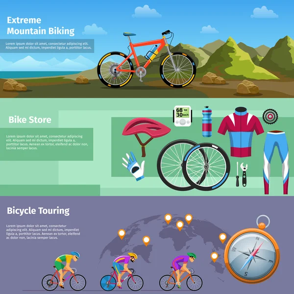 Extreme mountain biking, bike store, bicycle touring vector banners set