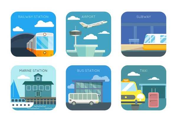 Airport, railway and marine station, bus or taxi stop, subway flat vector icons set