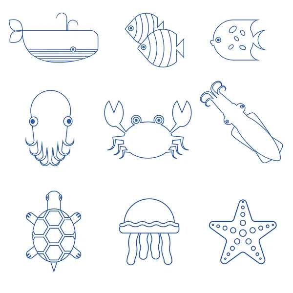 Seafood, fish and underwater animals linear icons