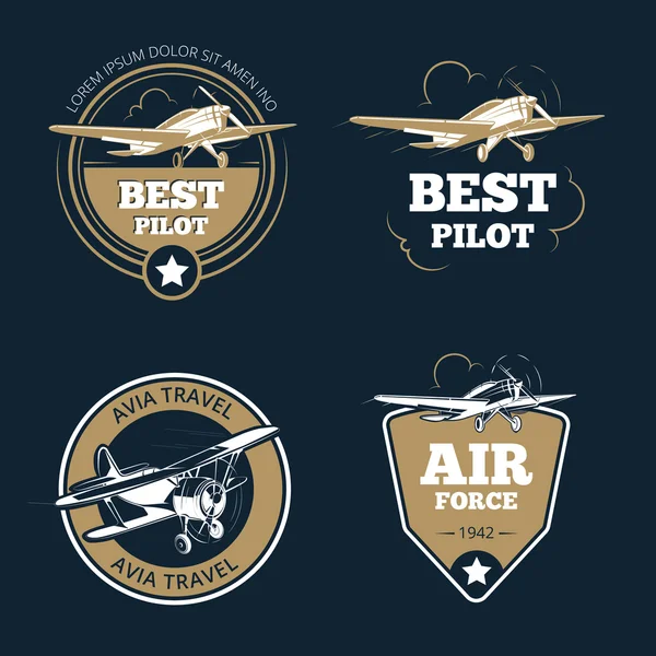 Aircraft and transportation labels. Air tourism vector emblems