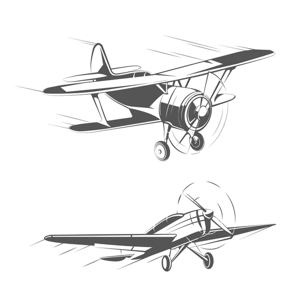 Biplane and monoplane aircrafts for vintage emblems, badges logos vector set