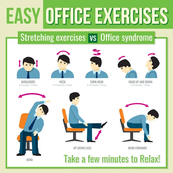 Office exercises with businessman character. Vector infographic