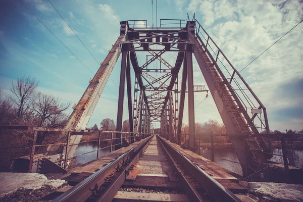 Looking straight down a train bridge