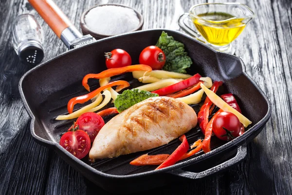 Tasty Grilled chicken fillet and bell pepper in a pan