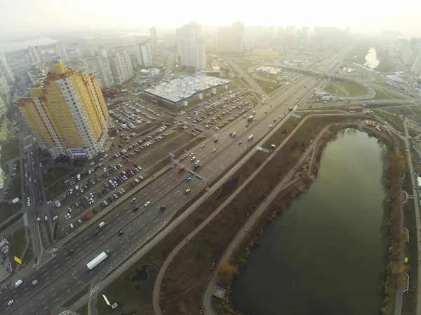 View from the aerial view on the lake and residential district in Kyiv. Ukraine