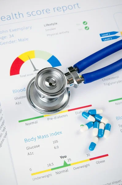 Health condition score report. Stethoscope on medical background