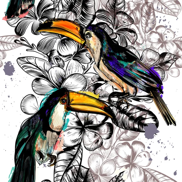 Seamless wallpaper pattern with tropical flowers and toucan bird