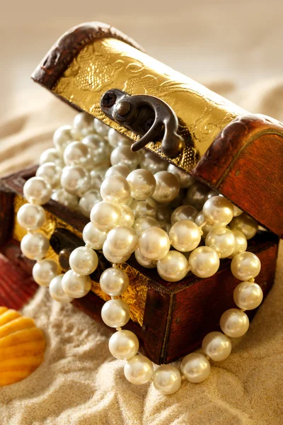 Treasure chest with seashells and pearl